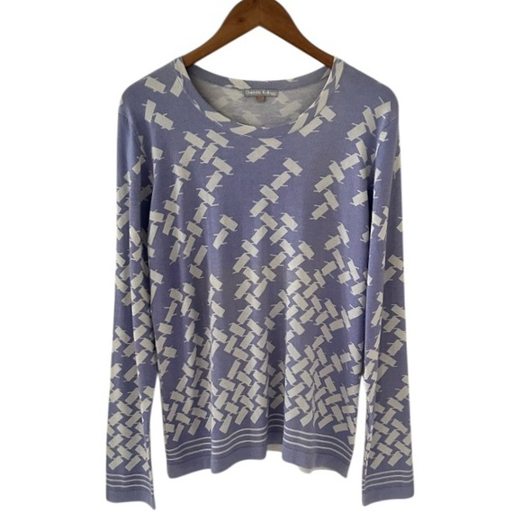 NEW Charlotte Kellogg Blue and Grey Print Long Sleeve Silk Cashmere Sweater - Picture 1 of 8